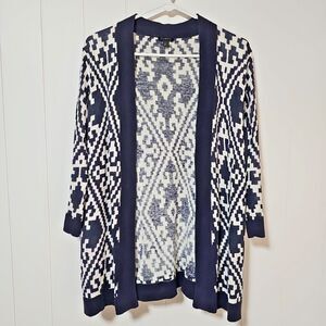 Talbots Linen Cotton Knit Cardigan Navy Geometric Coastal 3/4 Sleeve Office